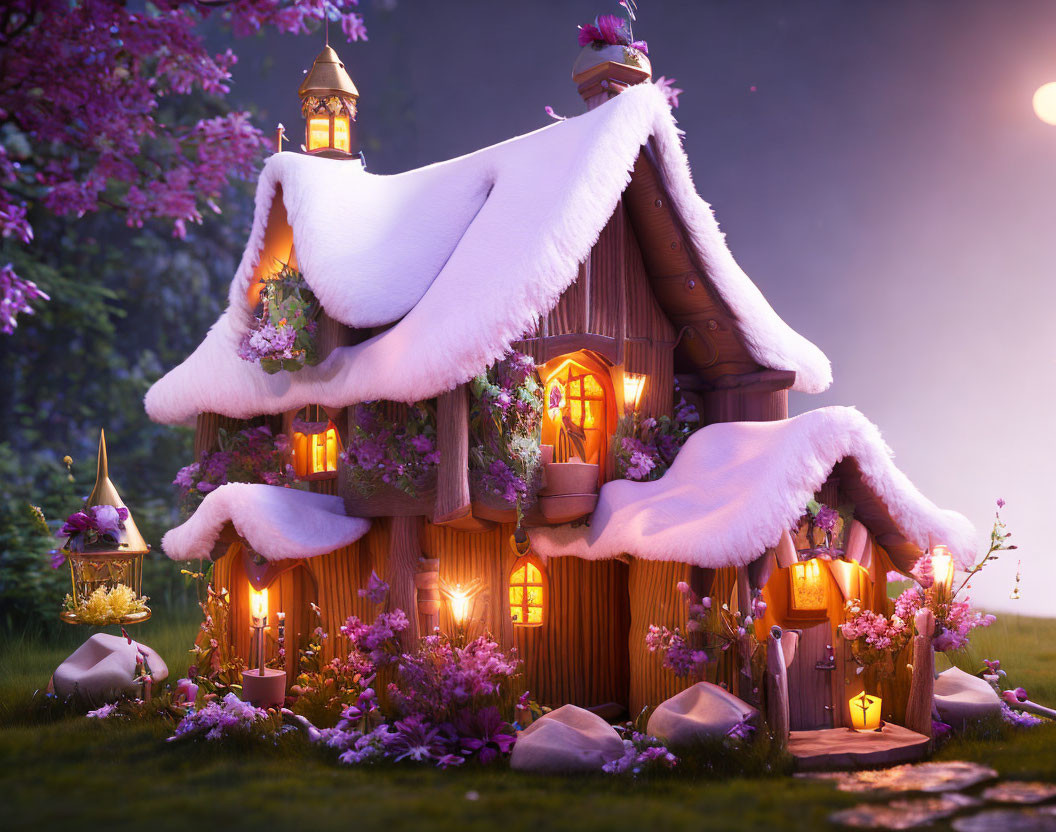 Cozy cottage with glowing lanterns, snow-covered roof, and purple flowers at dusk