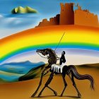 Surreal painting: skeleton on horse with lance, rainbow, desert castle