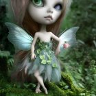 Whimsical fairy doll with transparent wings and leafy green dress on moss-covered surface