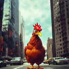 Gigantic cartoon chicken in busy city street with skyscrapers and cars