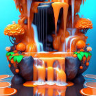 Surreal image: cascading orange waterfall with flowers and fruit