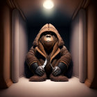 Stylized gorilla in leather jacket and aviator hat in dimly lit corridor