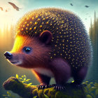 Stylized illustration of hedgehog with glowing spines in forest at sunset