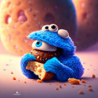 Blue Cookie Monster Toy Hugging Cookie on Warm Background