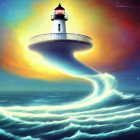 Lighthouse on swirling vortex above turbulent sea waves