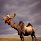 Majestic moose with large antlers in grassy field at dusk