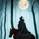 Knight on Red Horse in Dark Forest with Cat and Owl under Full Moon