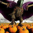 Whimsical scarecrow with green face and purple wings surrounded by flying black spiders