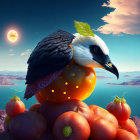 Surreal bird with orange fruit body on tomatoes in whimsical dual-sun sky