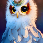 Whimsical white owl illustration with blue accents and galaxy eyes