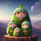 Whimsical matryoshka dolls with pea textures and serene expressions in fantasy landscape
