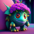 Colorful 3D animated creature with green scales and orange eyes on purple background