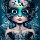 Surreal portrait of woman with expressive eyes and penguin on head in intricate blue setting