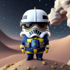 Stylized sci-fi trooper figurine on rocky surface under starry sky