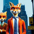 Anthropomorphic foxes in city setting with street sign