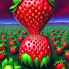 Colorful digital artwork: Oversized strawberry in a field of normal-sized strawberries under a purple sky