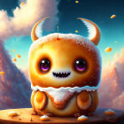 Cartoonish monster with purple eyes and horns in fantasy sunset scene