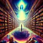 Person in robe in circular library under cosmic sky