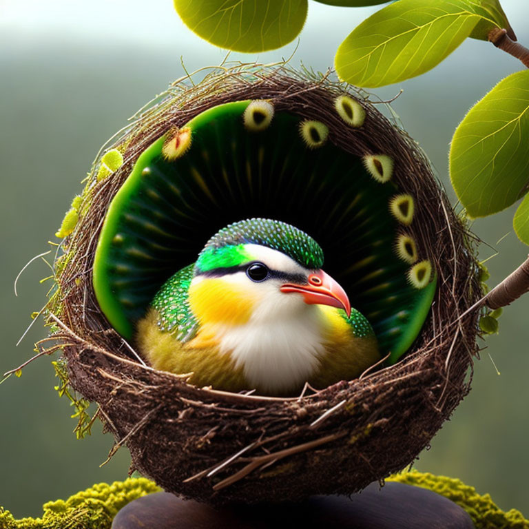 Colorful bird-like creature with green plumage in earthy nest on branch