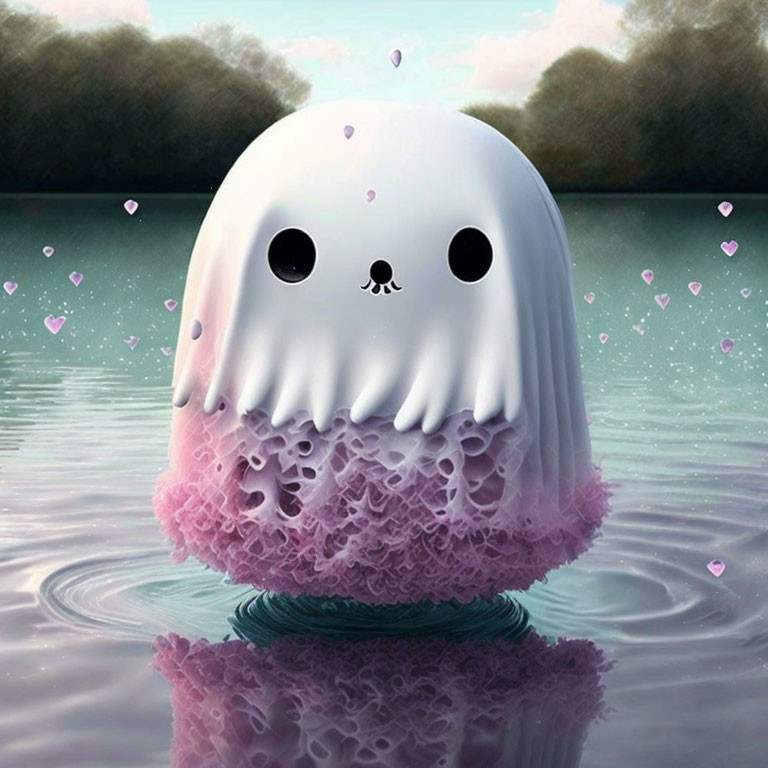 Pink animated ghost-like creature surrounded by hearts on water