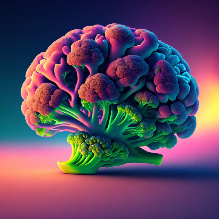 Vibrant digital artwork: broccoli brain on pink-blue gradient.