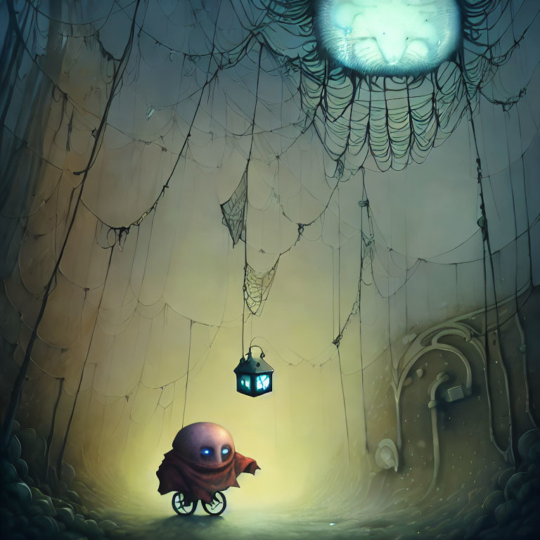 Octopus on wheels with lantern in dreamlike underwater scene