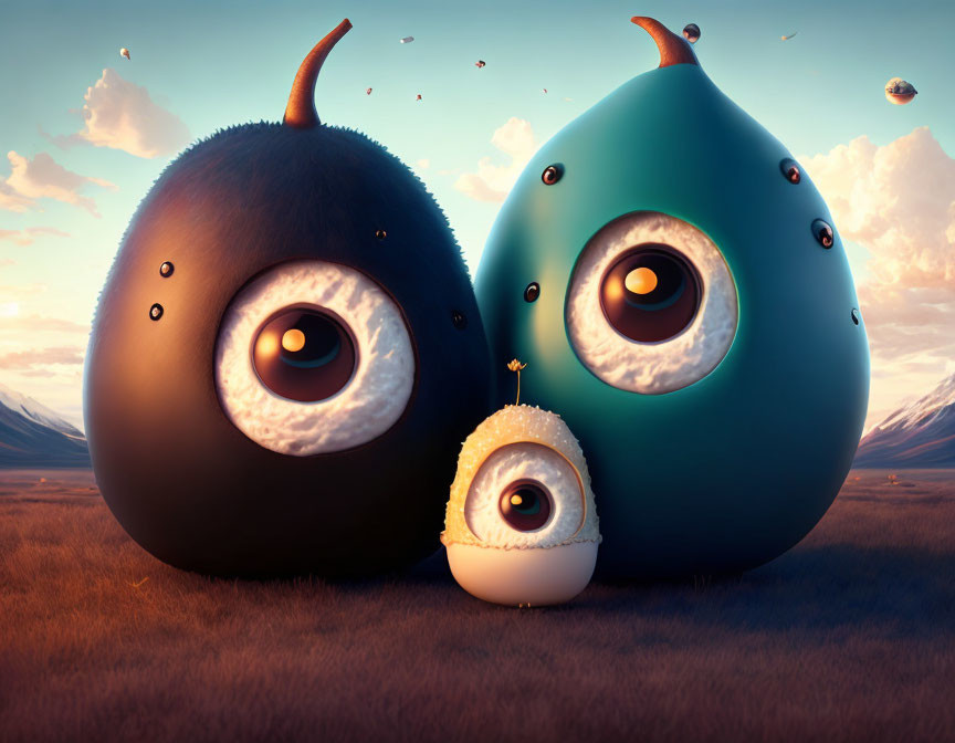 Stylized creatures with expressive eyes in desert sunset landscape