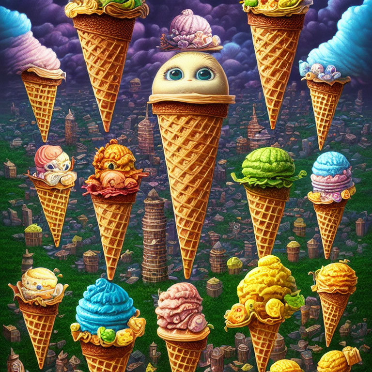 Whimsical ice cream cone artwork against cityscape backdrop