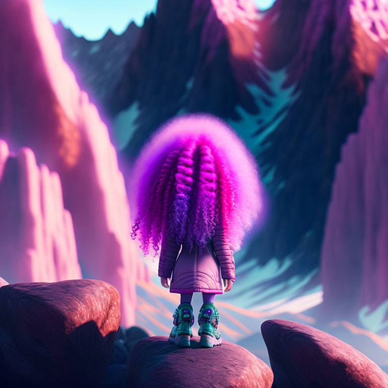 Vibrant Purple-Haired Person Amidst Pink and Purple Mountains