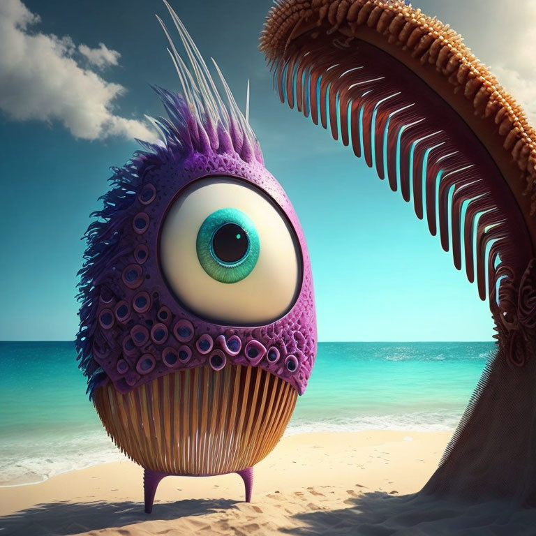 Cartoonish one-eyed creature with purple fur on sandy beach