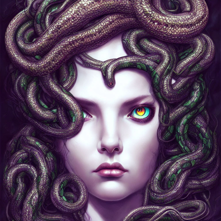 Illustration of person with pale skin and serpent-like green hair, Medusa-inspired, with yellow and