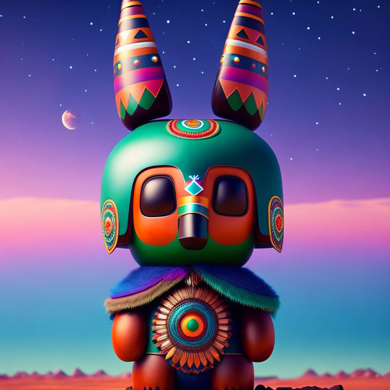 Stylized rabbit figure with intricate patterns under desert sky