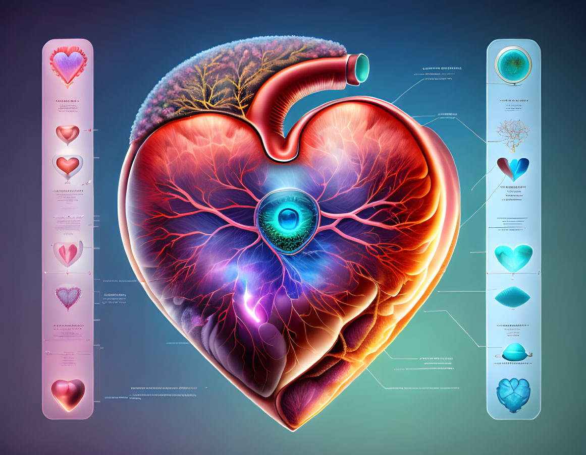 Human heart with central eye surrounded by informative graphics on structure and function.