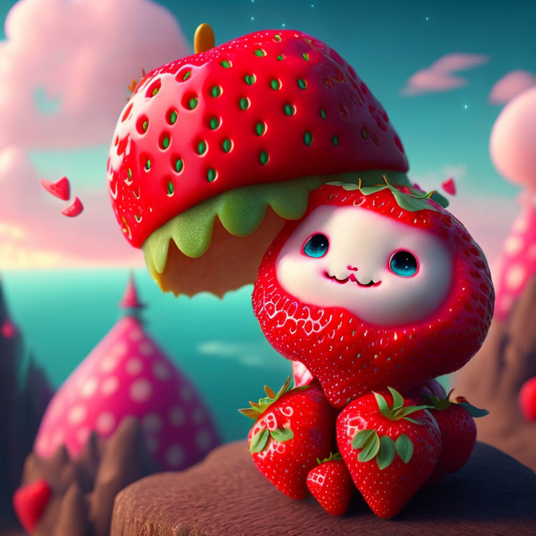 Strawberry-themed whimsical creature in fantasy landscape