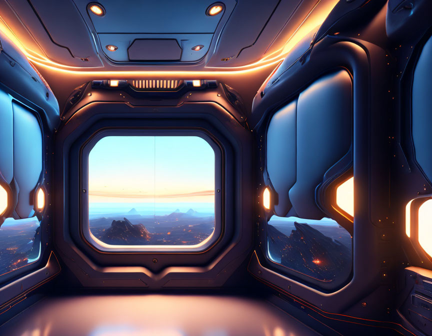 Futuristic spaceship interior with large window overlooking alien landscape at sunrise or sunset