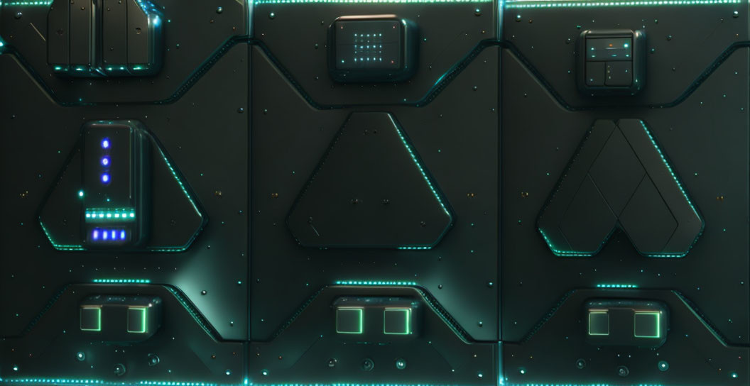 Neon-lit futuristic panel with geometric shapes in a sci-fi theme