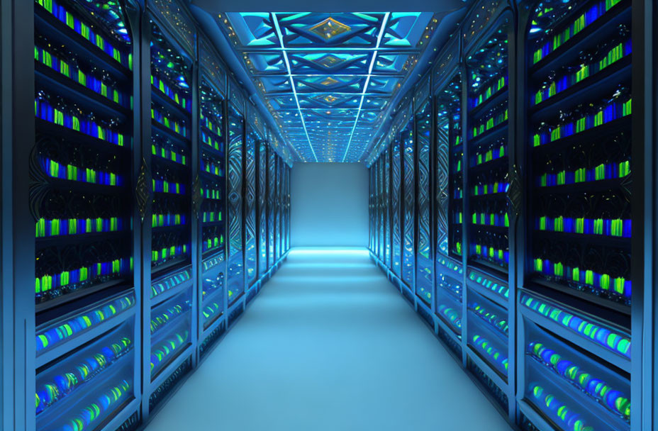 Futuristic Data Center with Blue LED-Lit Server Racks