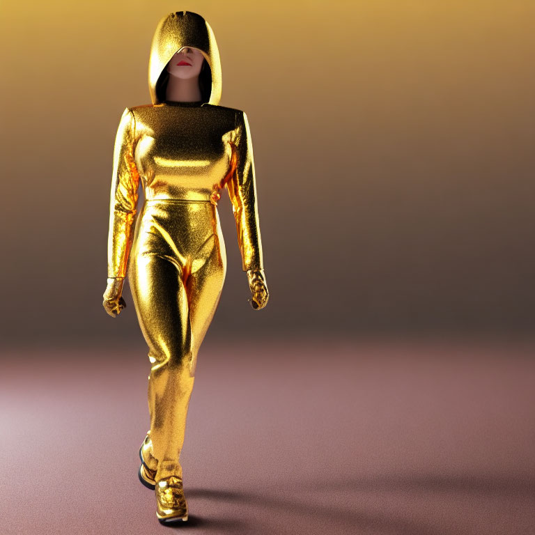 Shimmering gold bodysuit figure walking confidently on smooth surface