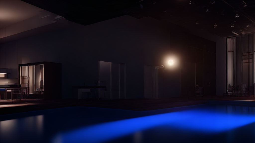 Dimly lit modern interior with glowing lamp and blue pool reflections