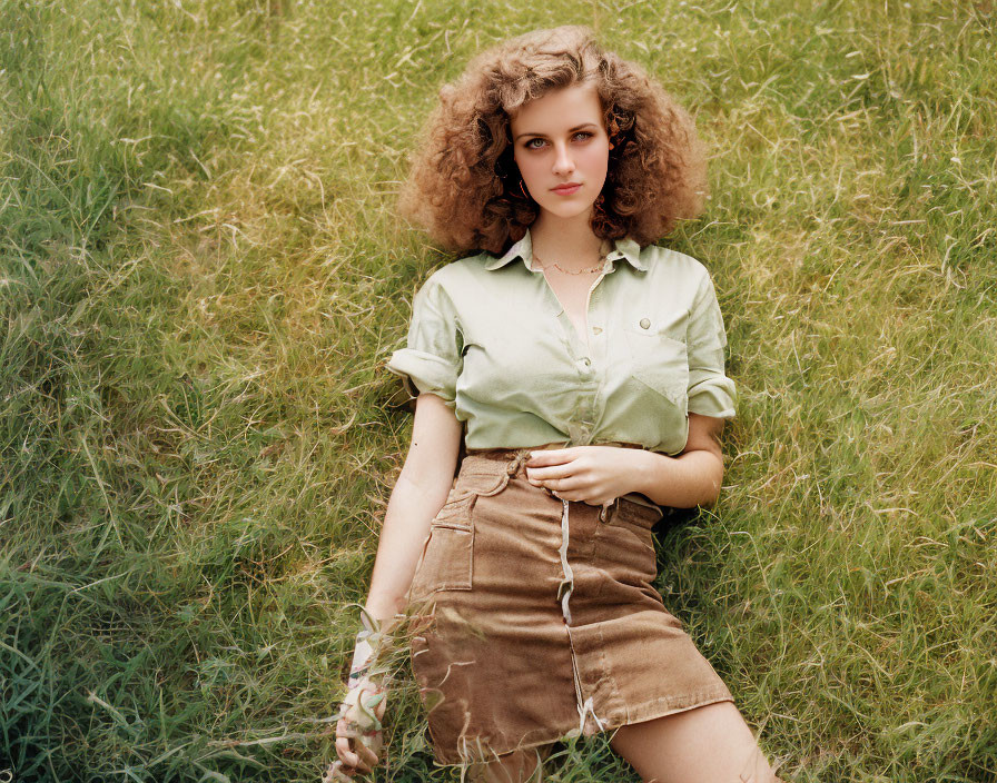 Curly-haired woman in green blouse and brown skirt sitting on grass gazes at the camera.