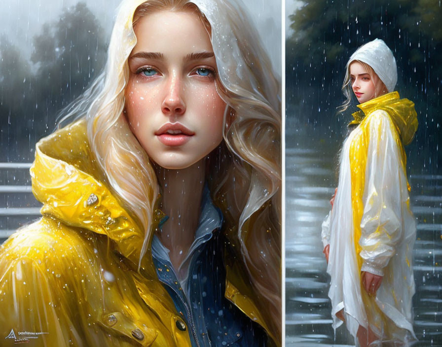 Woman in Yellow Raincoat Gazing into Distance in Rainy Forest