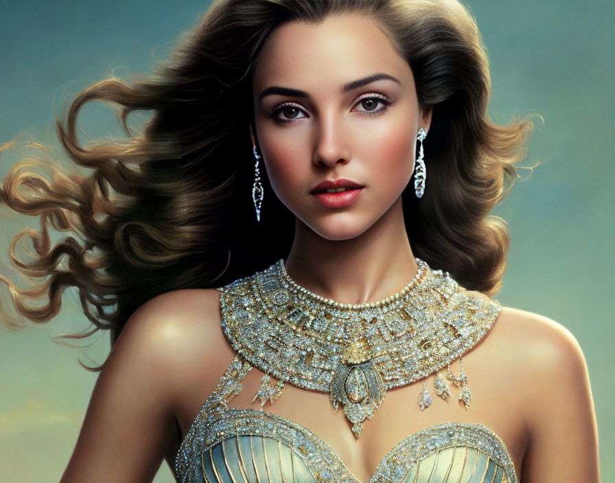 Detailed illustration of woman with flowing brown hair, diamond earrings, and blue gemstone necklace