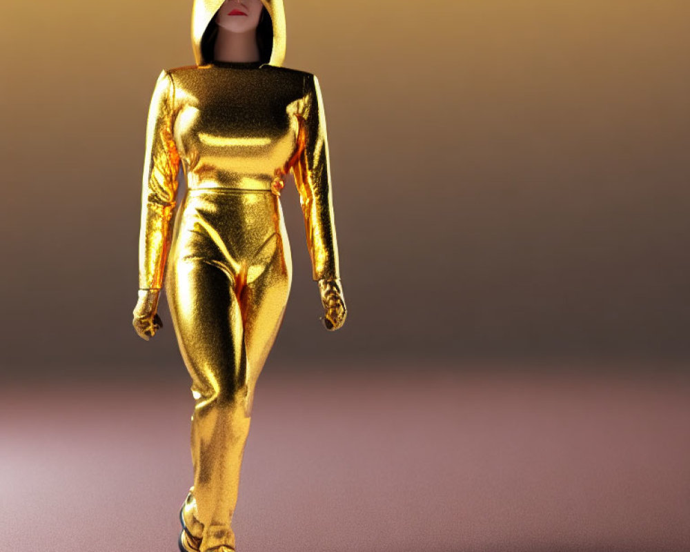 Shimmering gold bodysuit figure walking confidently on smooth surface