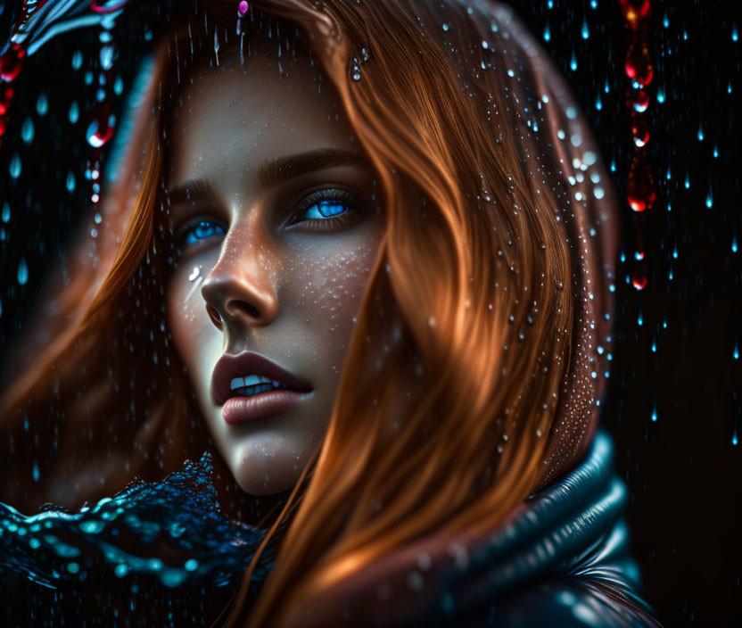 Woman with Blue Eyes and Red Hair Contemplating Under Rainy Umbrella