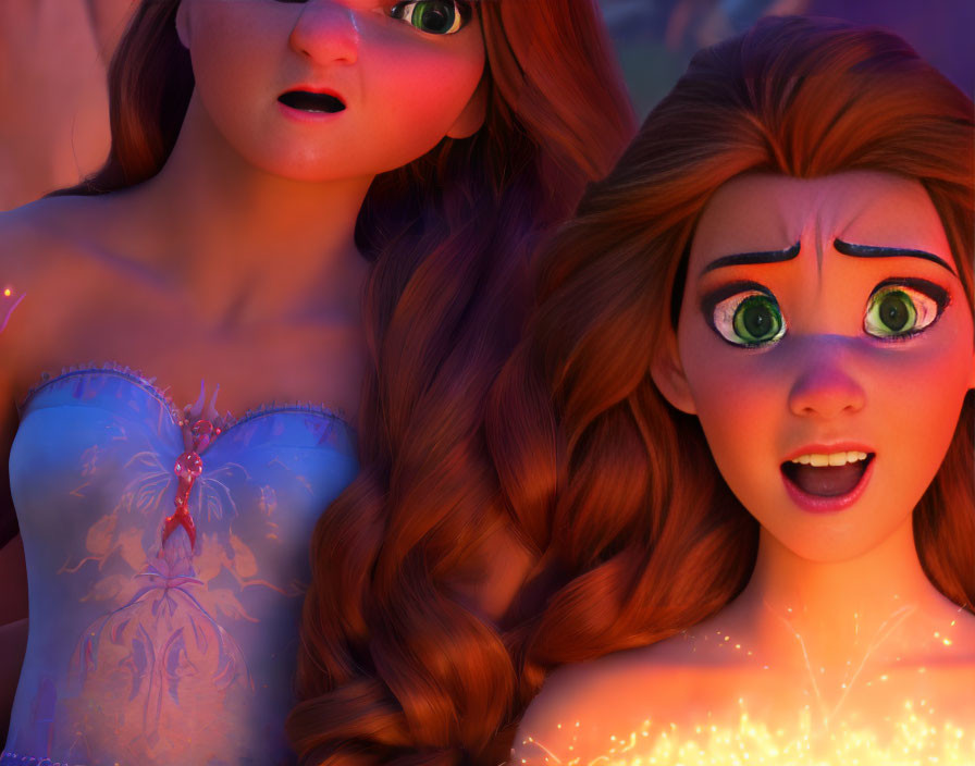 Two wide-eyed animated female characters with auburn and ginger hair in a warm, magical setting