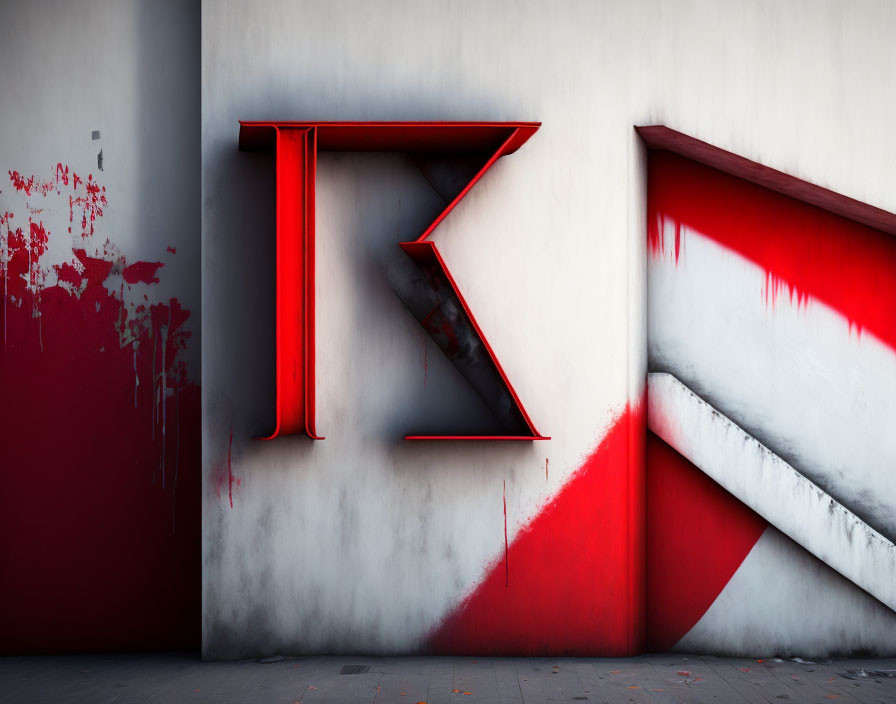 Red 3D Letter 'K' on White Wall with Paint Splatters and Red Accented St