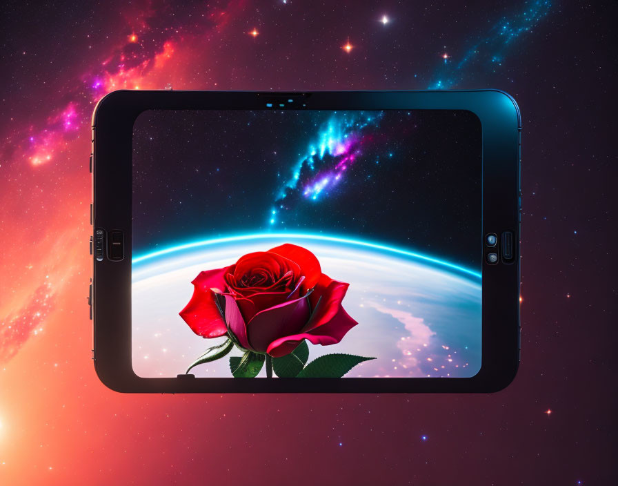 Vibrant red rose on tablet against cosmic backdrop