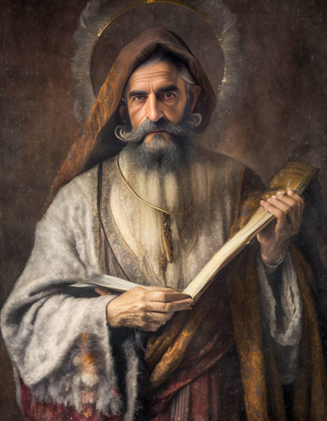 Portrait of Bearded Man with Halo and Book in Historical Attire