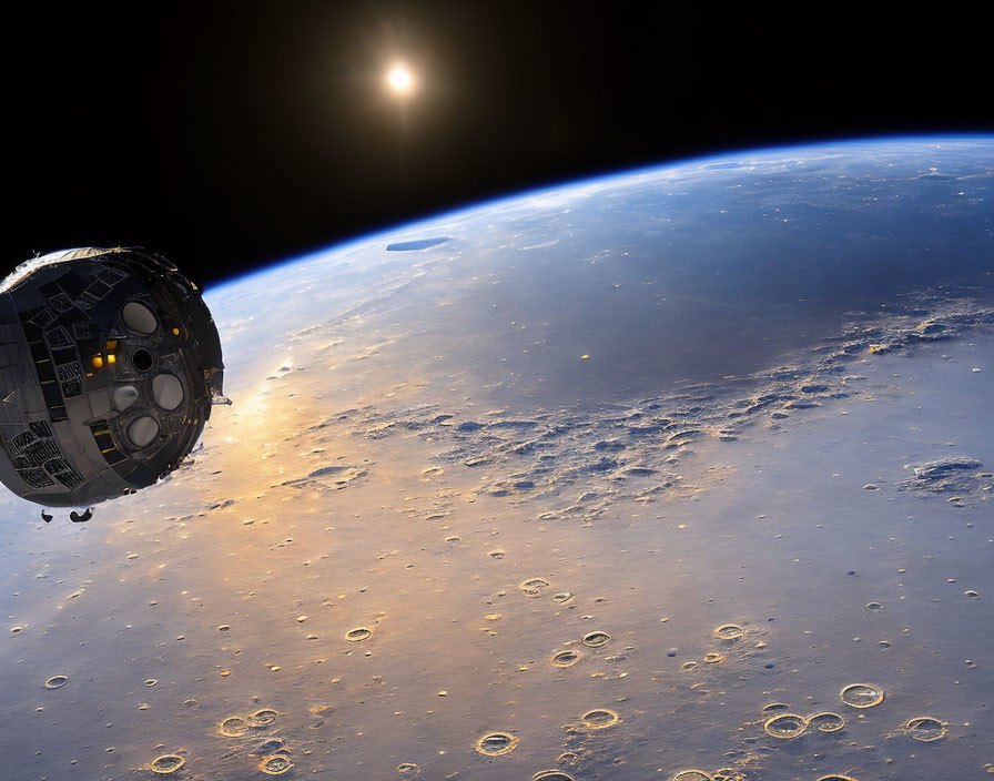 Spacecraft orbits planet with craters in space scene.