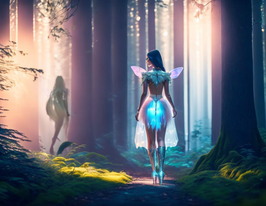 Person with Luminescent Wings in Misty Forest with Mysterious Figure